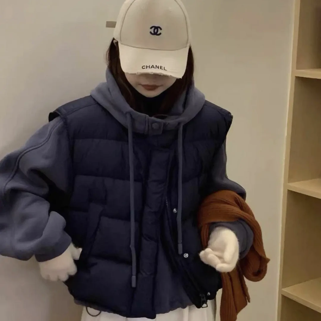 韩版马甲+连帽卫衣两件套女2025冬季新款宽松显瘦坎肩外套