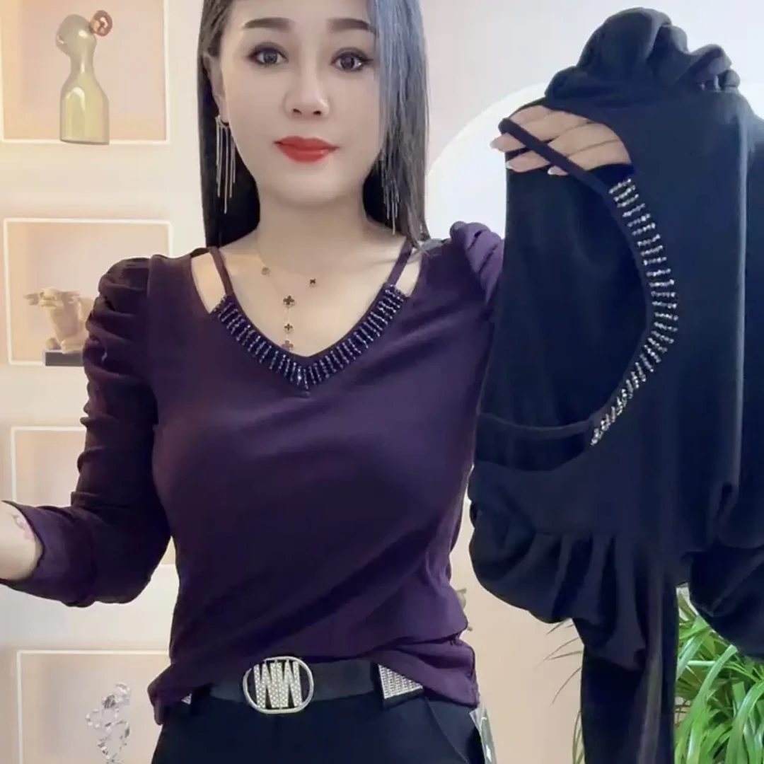 新款德绒修身泡泡袖V领打底秋冬串珠时尚洋气衫长袖百搭女上衣003