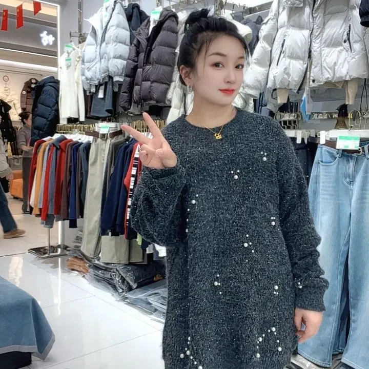 利君家秋冬新款圆领长袖针织衫宽松时尚百搭（衣长72cm）