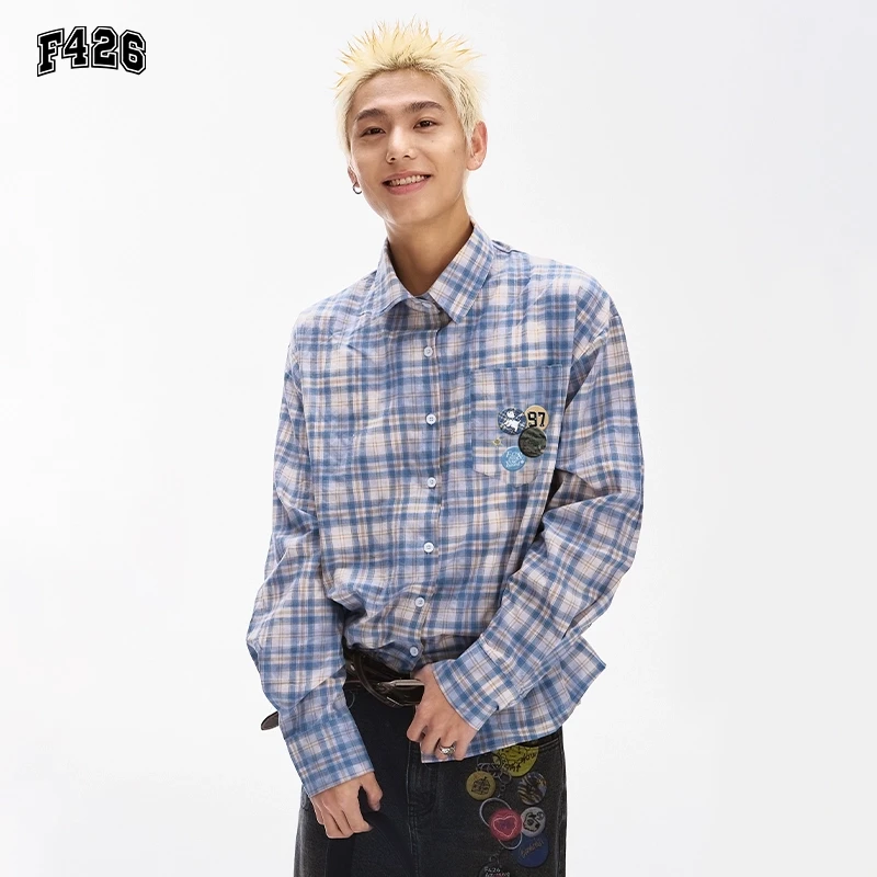 F426潮牌秋季徽章印花格子衬衫情侣嘻哈休闲长袖格纹衬衫外套0058