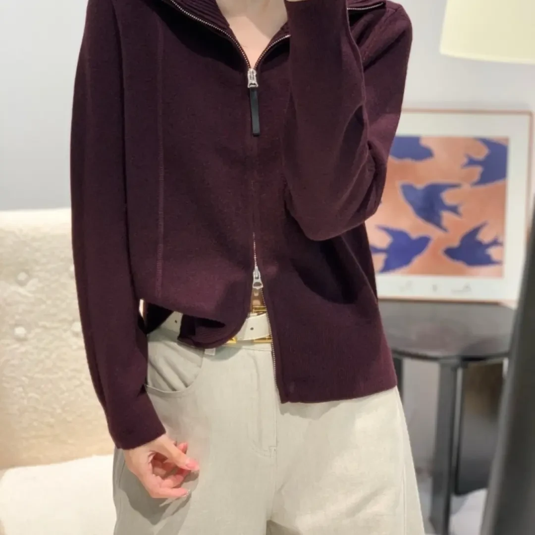 立领双拉链针织开衫女春秋显瘦韩版长袖宽松纯色时尚上衣