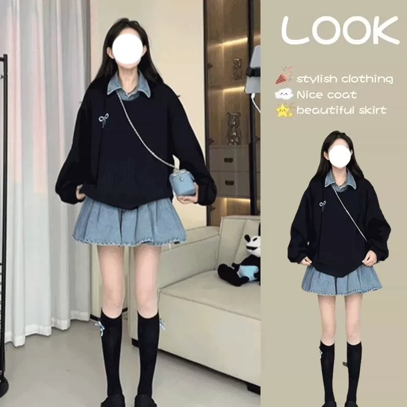 小众设计气质假两件牛仔卫衣连衣裙2025春季新款宽松休闲裙子女装