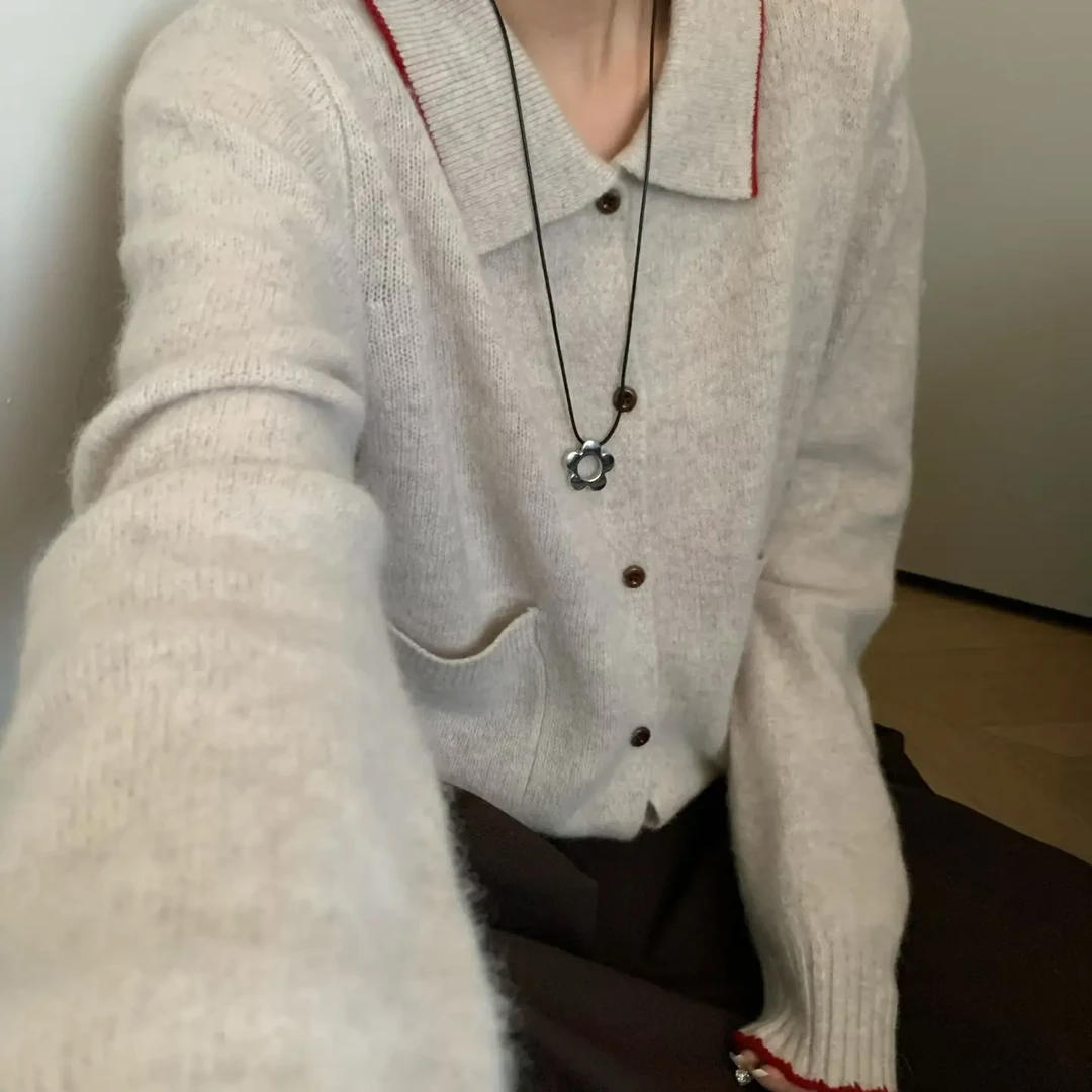 干洗！【安妮日记】木扣翻领口袋开衫 SSJ 韩系拼边秋冬羊绒开衫外套