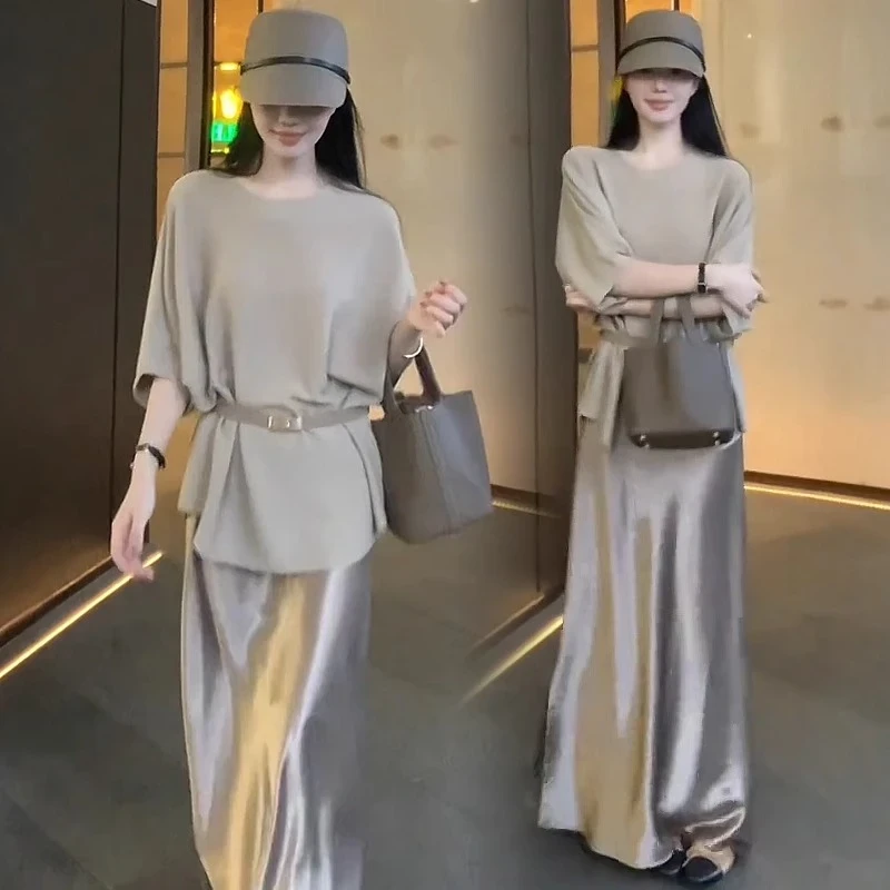 2025夏季新款时尚连衣裙套装女显瘦冰丝宽松上衣开叉半身裙两件套