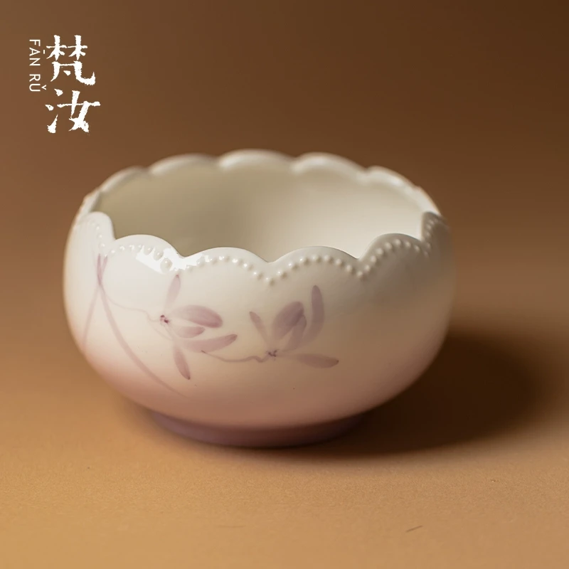 梵汝 陶瓷花口手绘兰花建水小茶洗茶渣缸陶瓷水盂功夫茶具配件