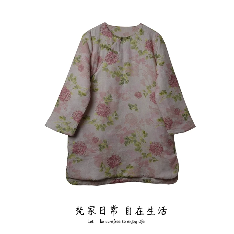 怀春 2025年春秋款女装新品粉印花新中式复古盘扣棉袍罩衫外套厚