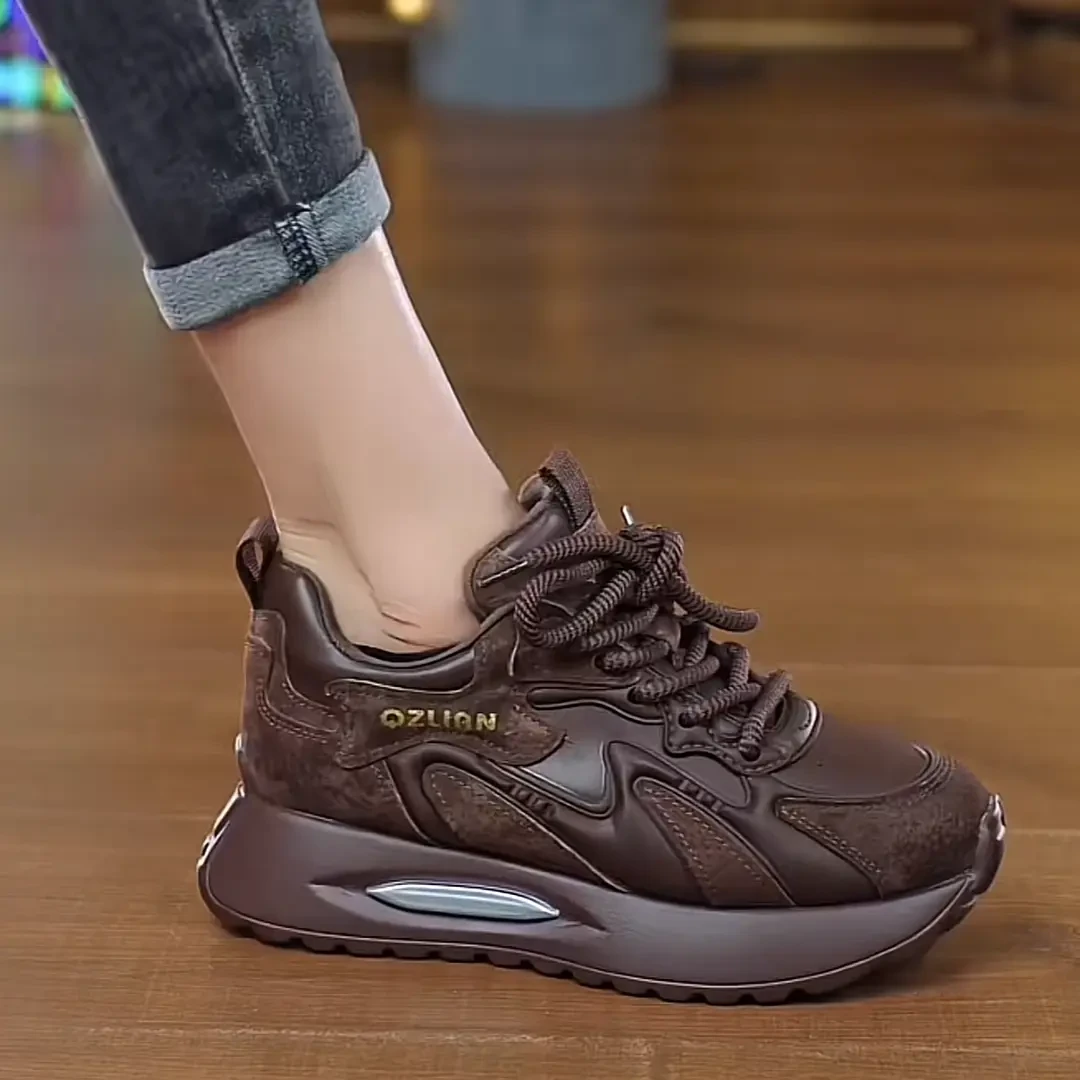 2024秋季新款厚底增高阿甘鞋子女网红潮流真皮系带百搭休闲老爹鞋