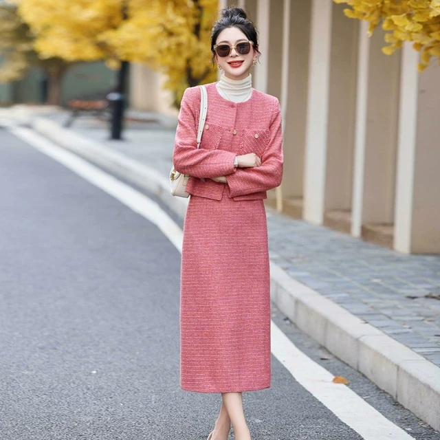 小香风套装2024秋冬新款富家千金高级感气质名媛粉色半身裙两件套