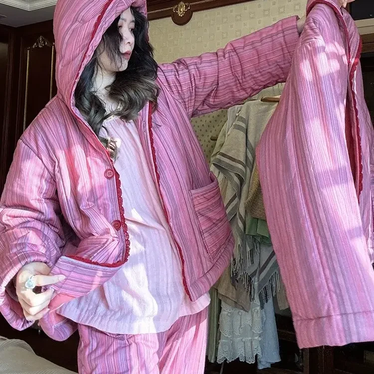女士秋冬季纯棉加厚保暖三层夹棉条纹睡衣家居服套装