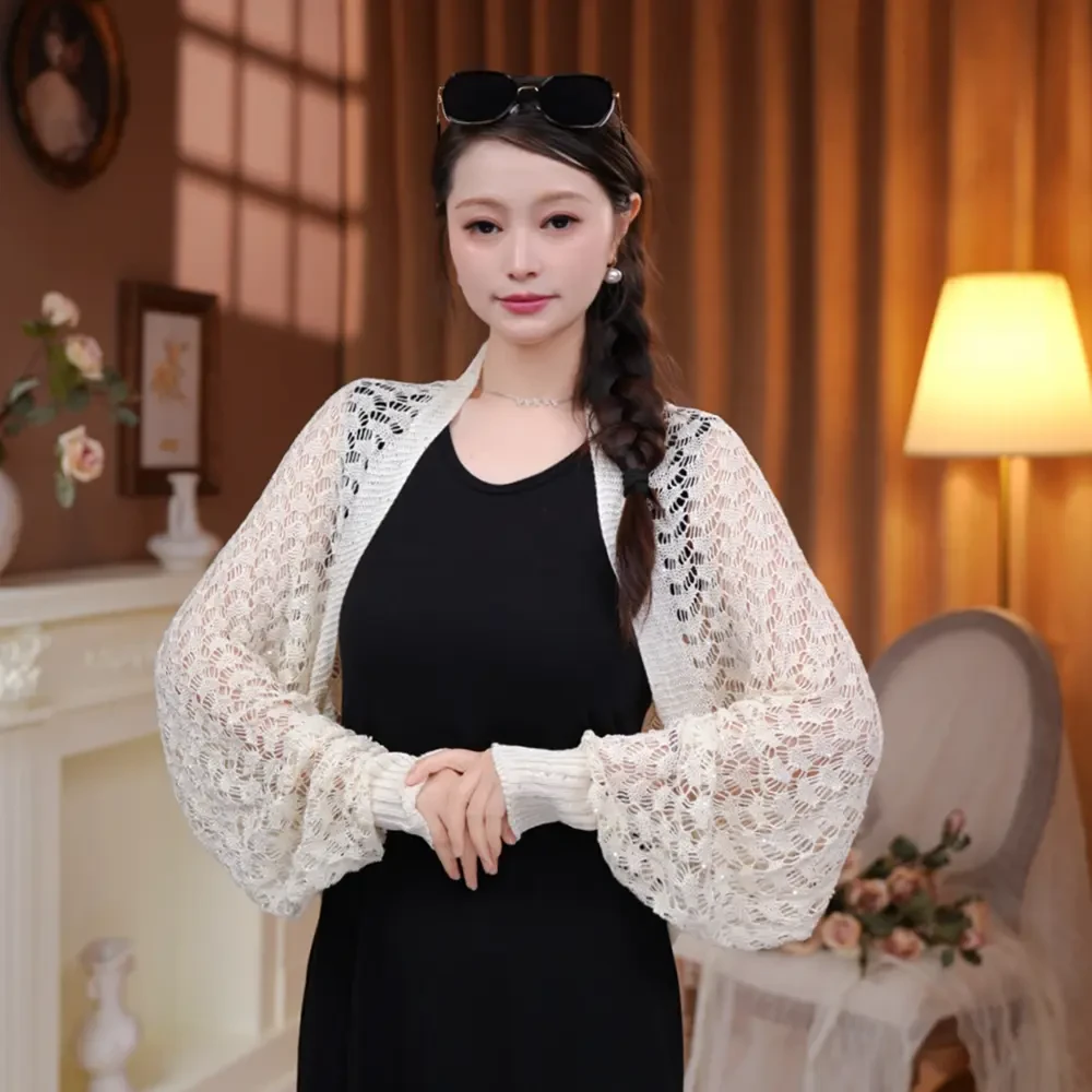 【送胸针】夏季新款气质亮片针织披肩百搭长款空调房外搭显瘦坎肩