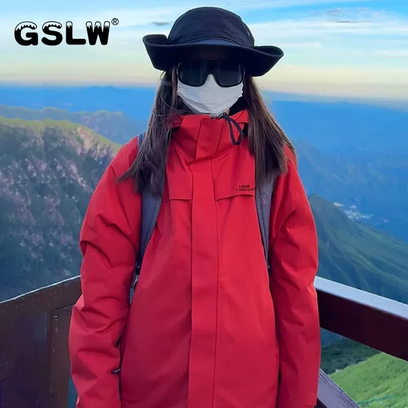 红色冲锋衣女款2025新款秋冬高级感户外三合一内胆防风登山服外套