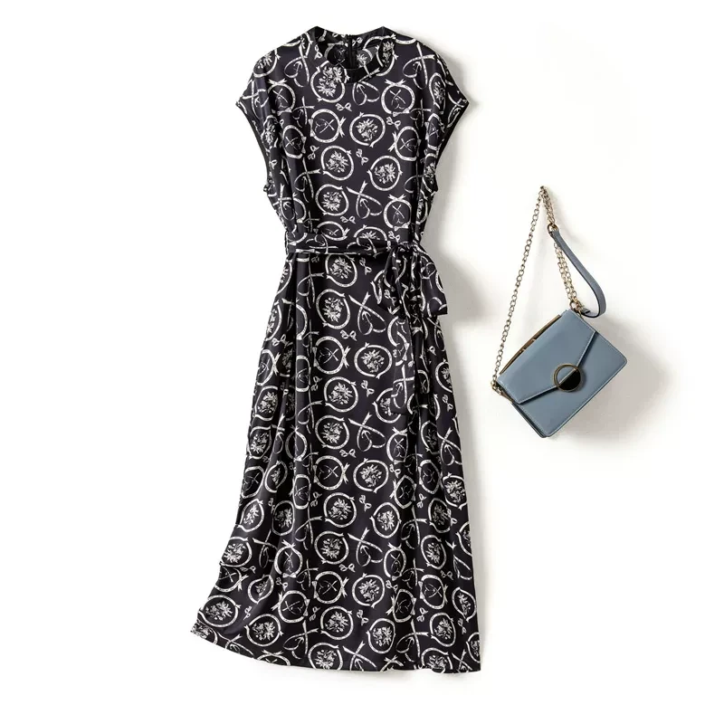 欧洲站法式优雅薄款雪纺丝缎面手感系带收腰过膝无需连衣裙长裙