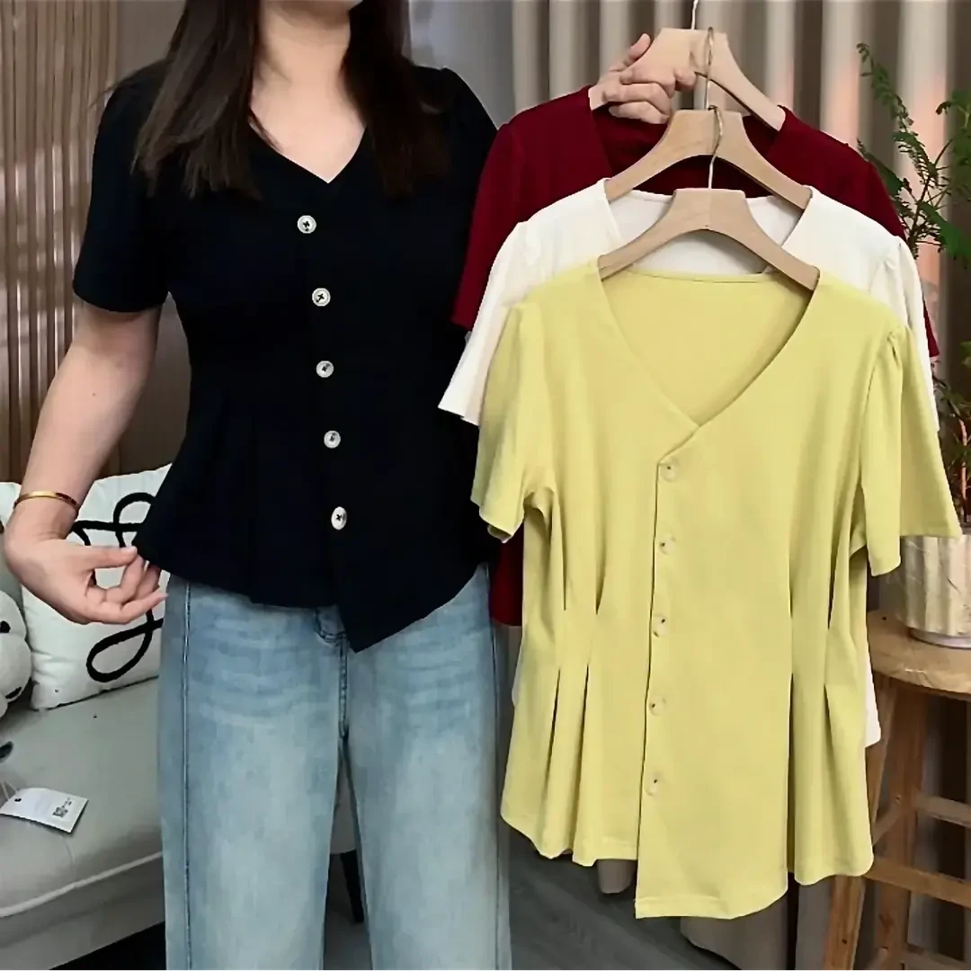 大码女装2025夏季新款V领正肩短袖T恤女胖MM洋气显瘦遮肉小众上衣