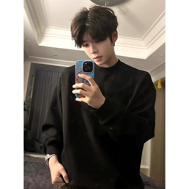 欧美式重磅痞帅圆领卫衣男款早春季新款宽松黑色套头长袖上衣春秋