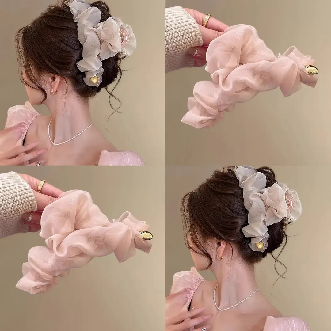 温柔褶皱粉色网纱大号抓夹女2025新款鲨鱼夹高级感盘发夹后脑勺