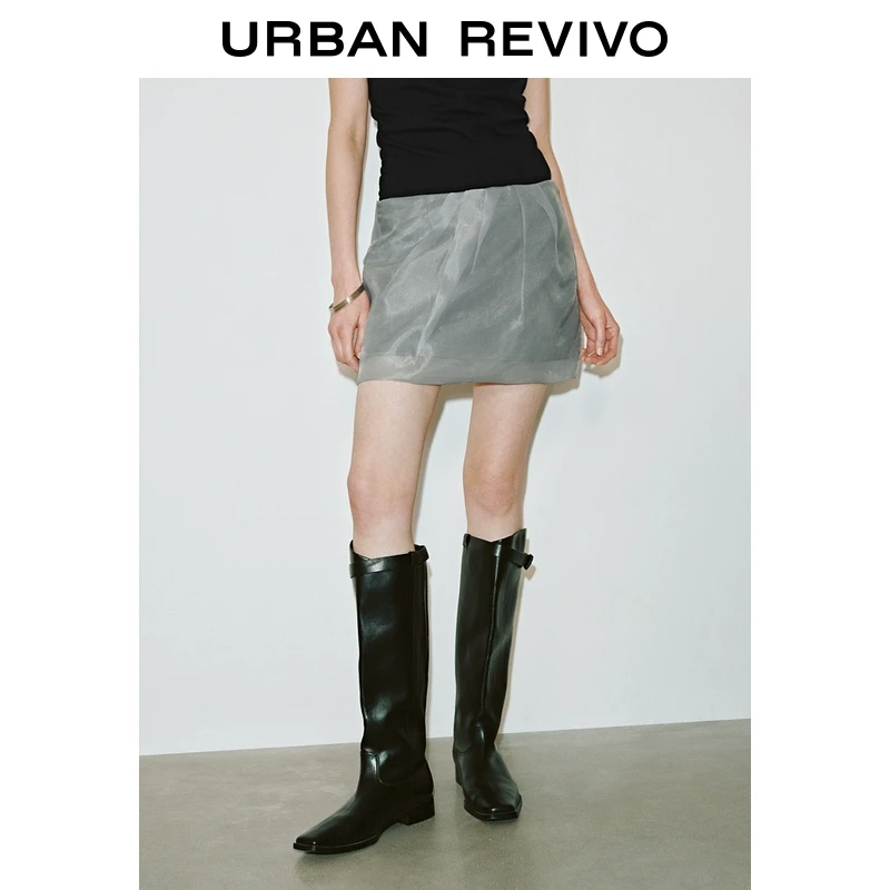 UR2025春季新品女装欧若风时髦拼接薄纱褶皱超短款半裙UWJ550008