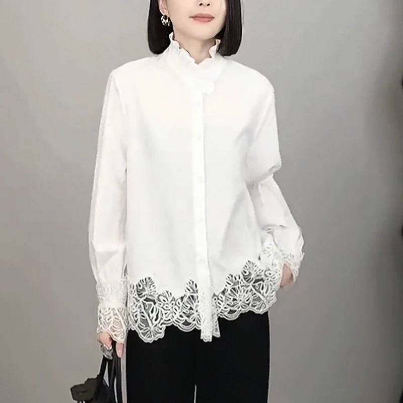 法式蕾丝衬衫女2025秋季新款白色长袖衬衣高级感气质木耳花边上衣