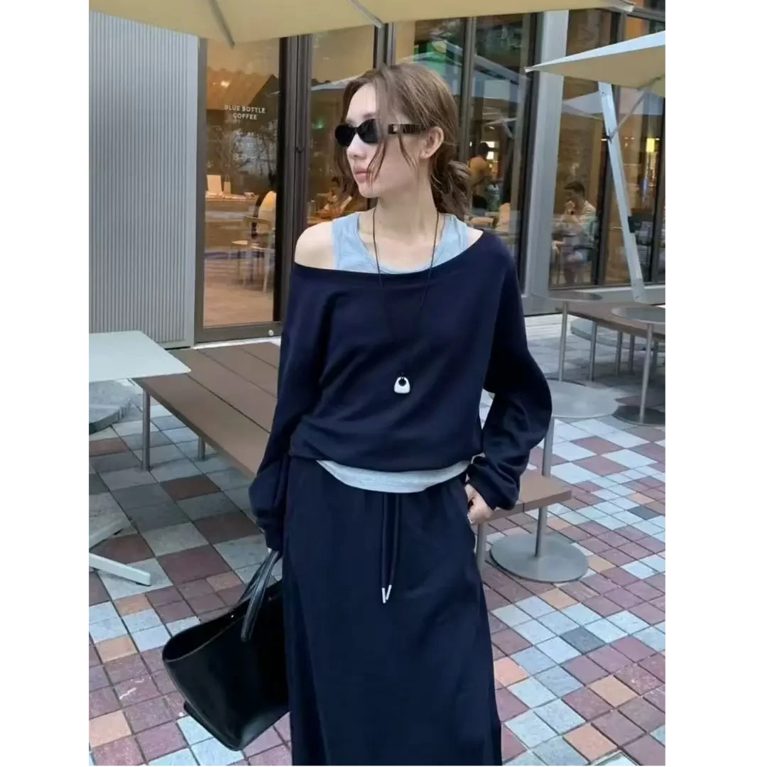 2025韩系慵懒风露肩撞色假两件长袖卫衣高腰开叉半身裙休闲两件套