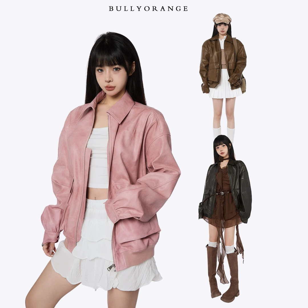 BullyOrange别欺负桔子 氛围感黑咖皮衣外套简约宽松上衣外套秋冬