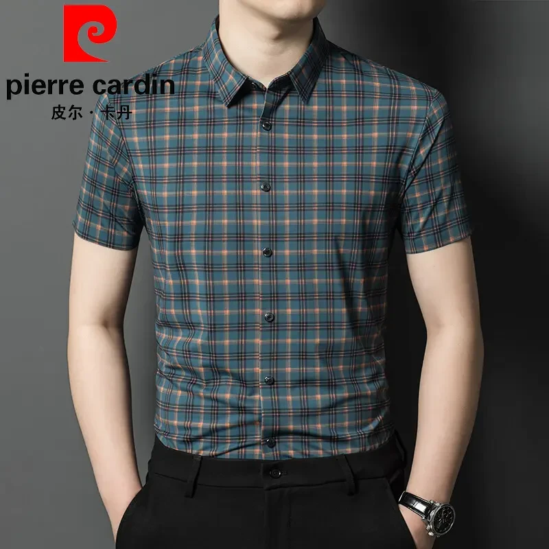 皮尔卡丹无痕短袖衬衫男2025夏季新冰丝衬衣格纹休闲垂感轻奢上衣