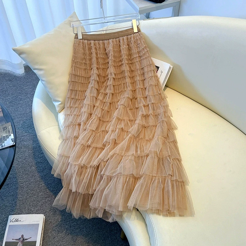 拉夏贝尔网纱蛋糕裙女2025春秋新款时尚a字裙松紧腰显瘦蓬蓬裙子