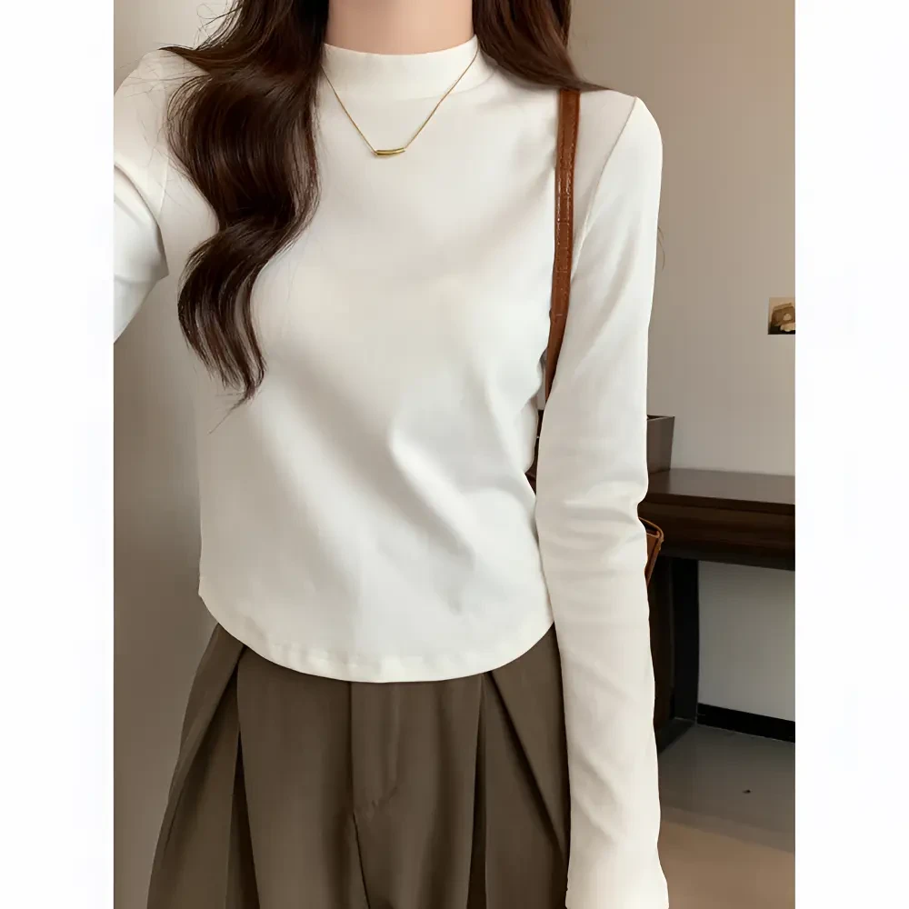 浪莎德绒加厚内搭小立领打底衫女秋冬弧形下摆长袖T恤显瘦半高领