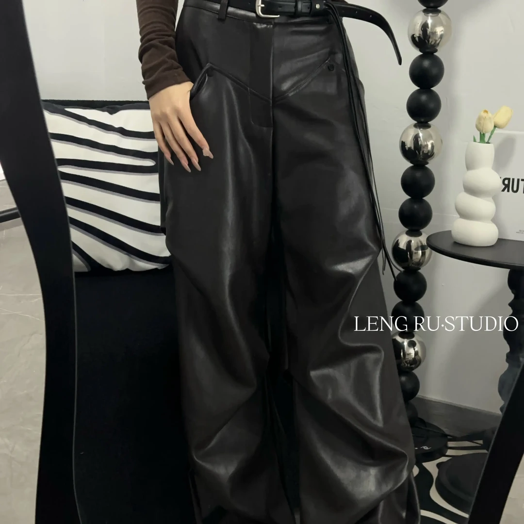 复古高腰pu皮褶皱设计感阔腿裤女秋冬显瘦休闲长裤
