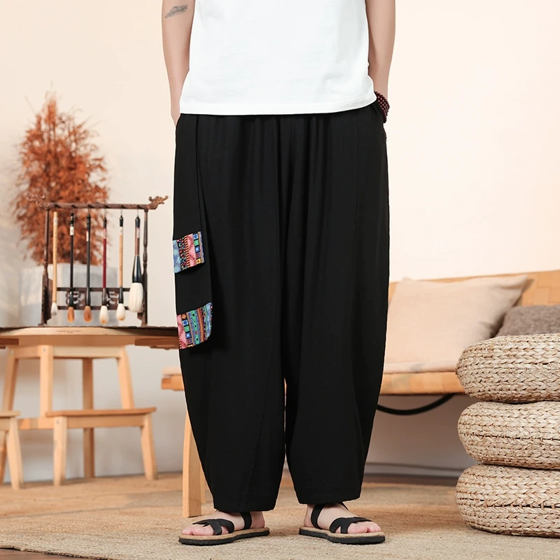 哈伦裤长裤男士春季中国风印花休闲裤阔腿大码复古棉麻直筒运动裤