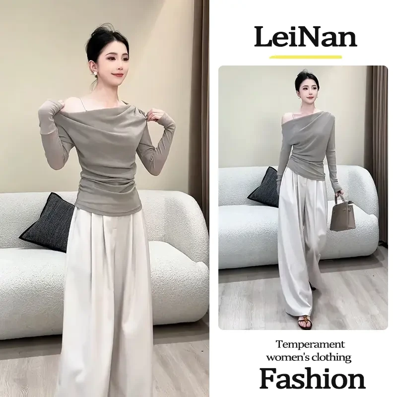 2025秋季新款韩系性感一字肩纯欲修身长袖T袖高腰阔腿裤两件套女