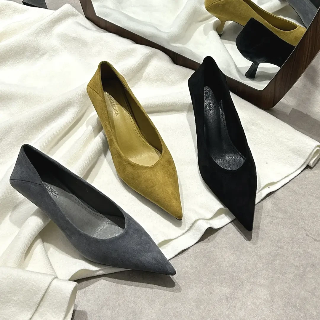 单鞋女新款春秋季百搭通勤中跟浅口小跟鞋法式尖头细跟5cm低跟鞋