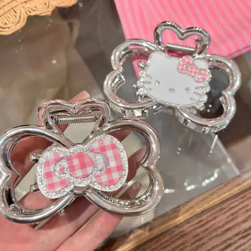 闪闪KT少女AB面感猫咪抓夹高级感银色蝴蝶结鲨鱼夹后脑勺盘E470