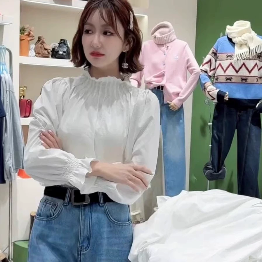 韩系领口褶皱灯笼袖长袖立领衬衫女2025春季新款减龄内搭叠穿上衣