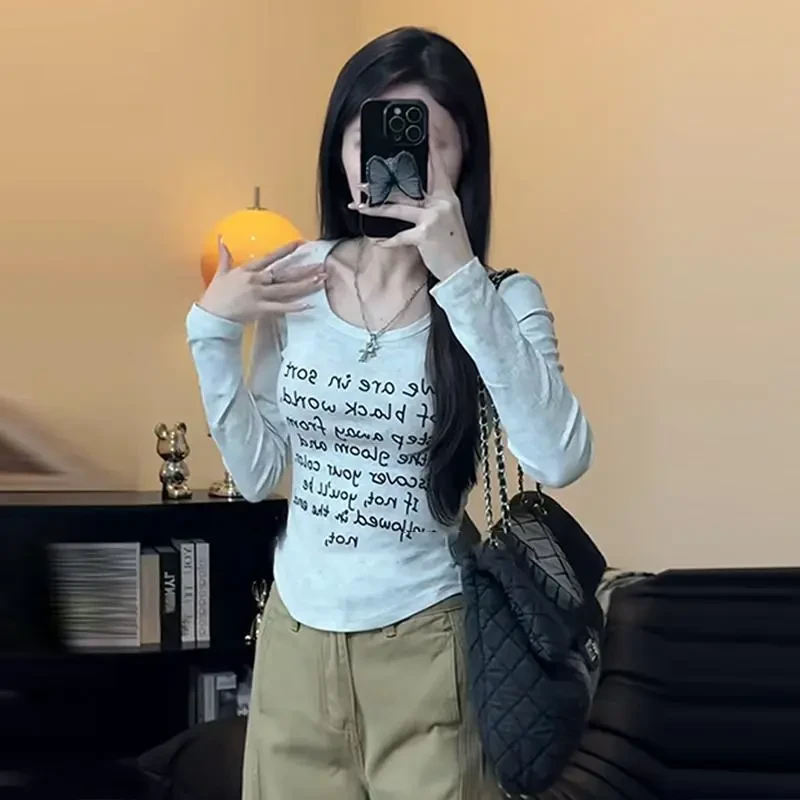 早秋新款美式扎染正肩U领长袖T恤修身显瘦不规则洋气印花上衣女