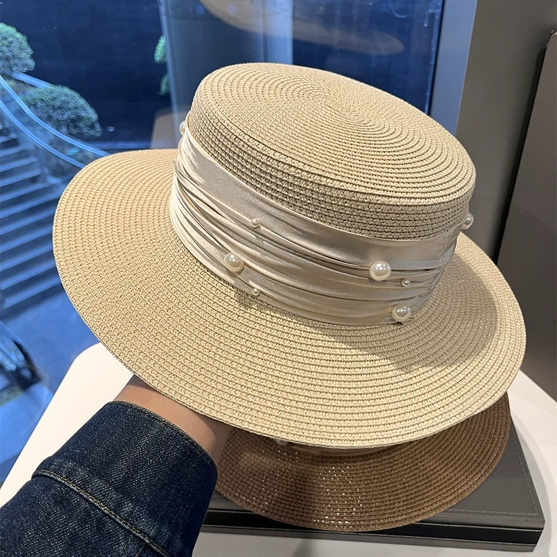 法式珍珠丝带平顶草帽女夏季沙滩度假优雅防紫线太阳帽