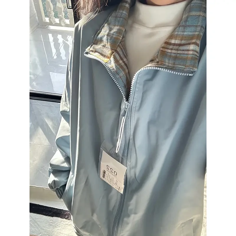 fitcheck美式格子拼接夹克男春季无帽立领棒球服潮牌休闲运动外套