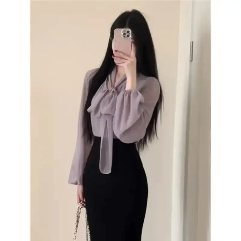 法式紫色蝴蝶结衬衫女夏季小个子感衬衣职业通勤系带雪纺上衣