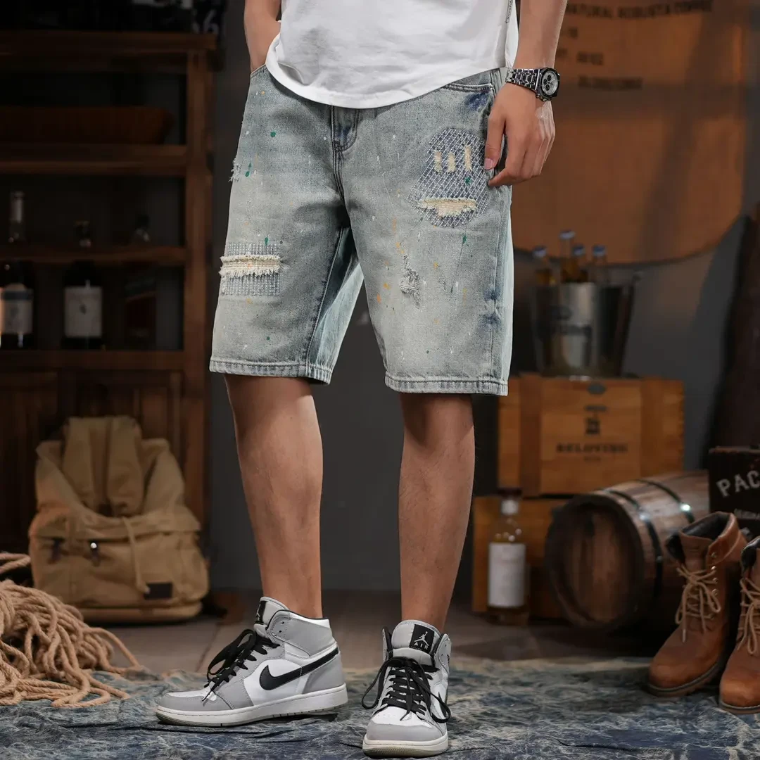 2025新款个性沷漆破洞牛仔短裤男士宽松直筒夏季薄款中裤牛仔裤