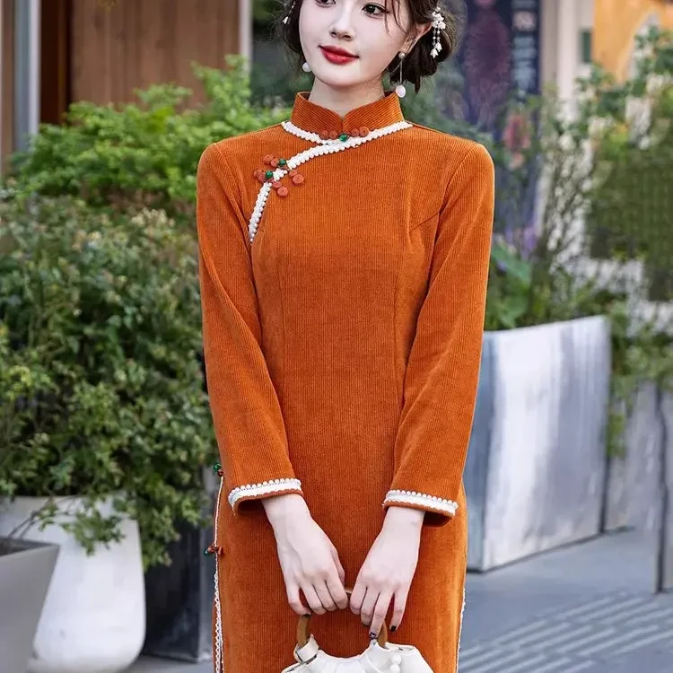 新中式改良雪尼尔加绒加厚秋冬文艺少女日常长袖旗袍