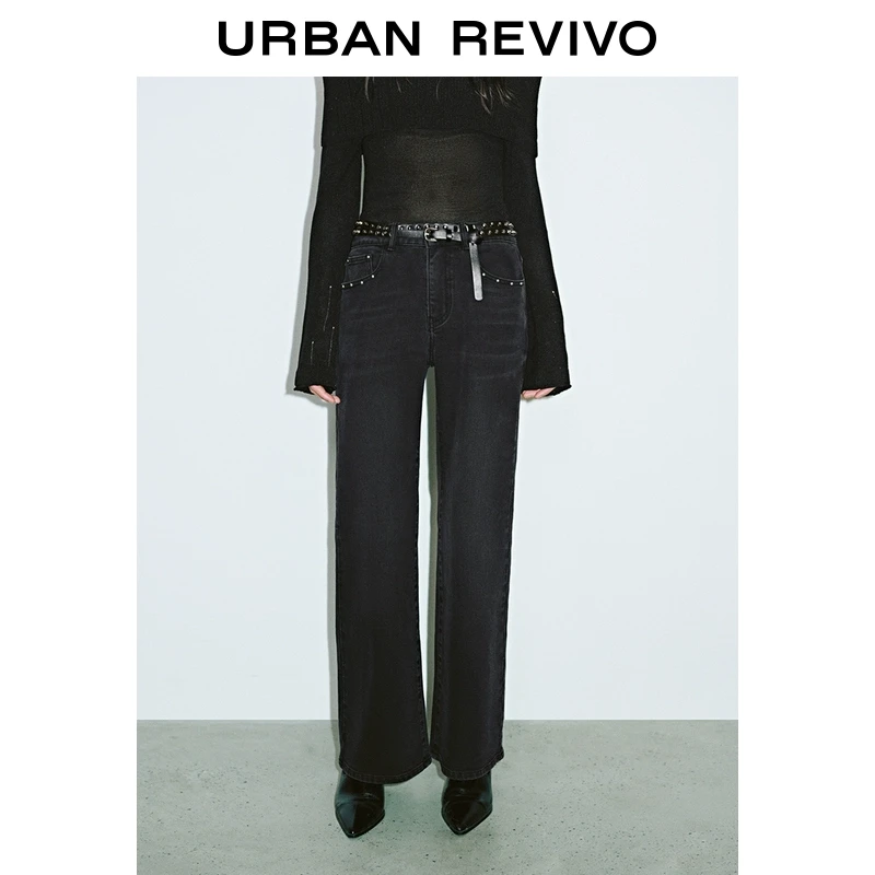 UR2025秋季新款女装复古潮酷腰带装饰牛仔长裤UYV850021
