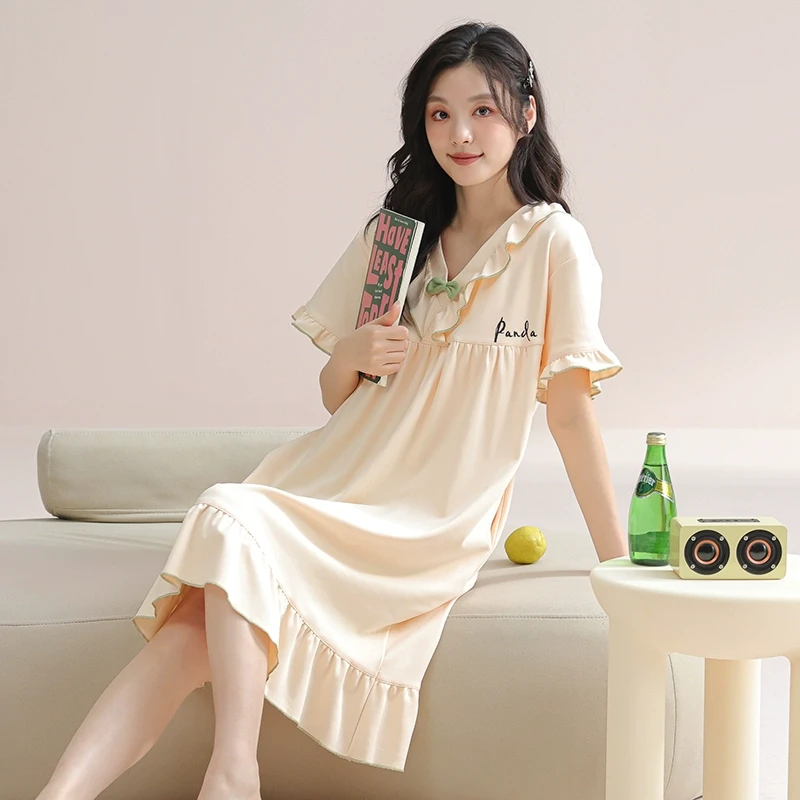 2025年新款夏季睡裙女夏纯棉短袖V领性感休闲可外穿全棉睡衣裙子