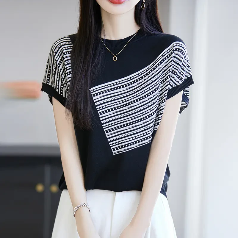 哥弟阿玛施正品夏季设计感小众休闲时尚百搭拼色针织小衫宽松上衣