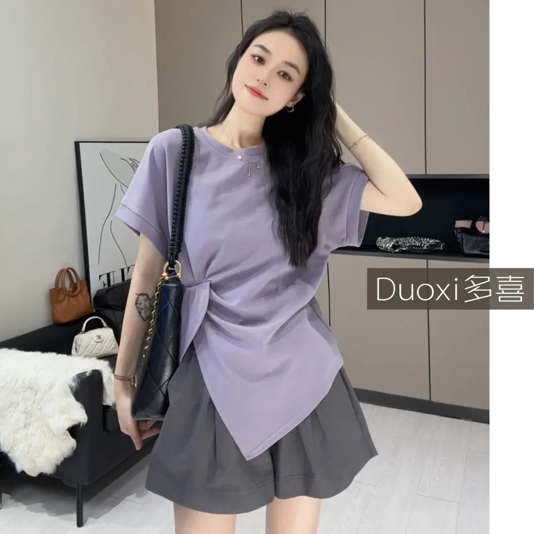 春夏新款洋气时尚休闲百搭设计款T恤上衣设计感显瘦小众短款短袖