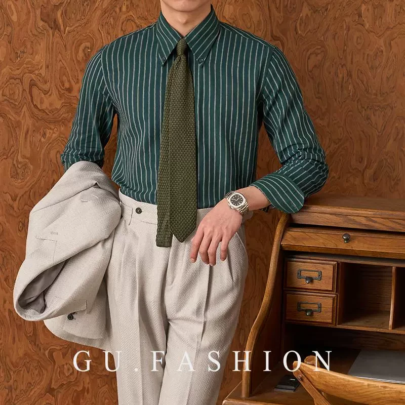 GU FASHION男士高级感尖领条纹衬衫法式复古棉麻混纺商务通勤衬衣