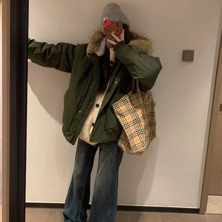 美式复古oversize大毛领连帽棉服外套女冬季加厚保暖百搭棉袄棉衣