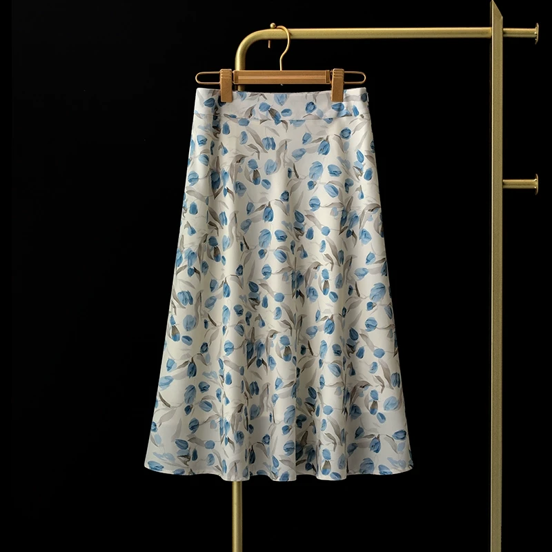 法式蓝色碎花裙半身裙2025新款夏季薄款印花伞裙小个子雪纺大摆裙