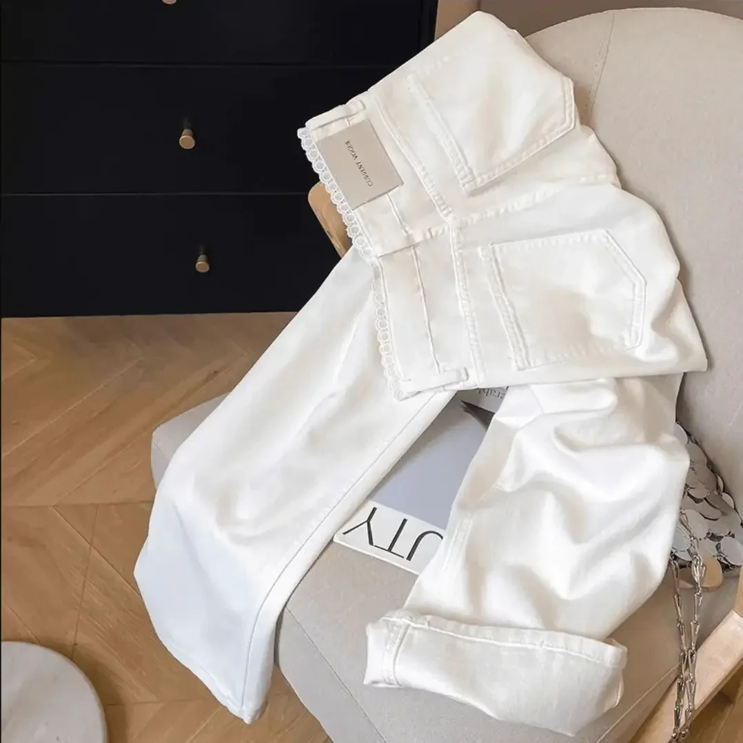 【现货+有运费险】夏季直筒新款白色蕾丝边高腰牛仔裤窄版阔腿裤Y