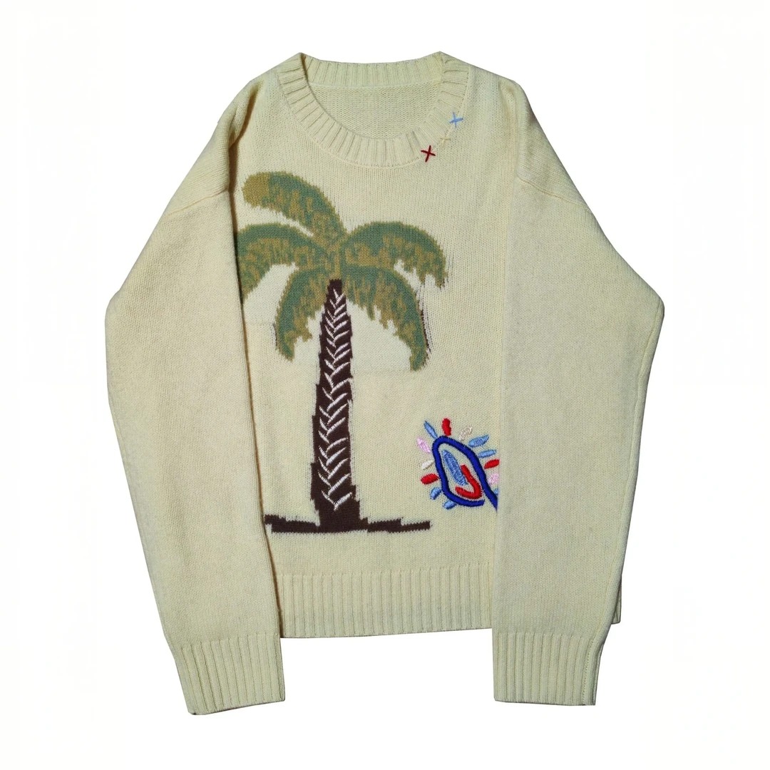 2025冬季宽松型绣花羊毛衫常规款套头厚款圆领百搭时尚复古老钱