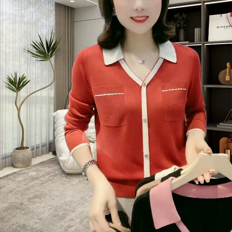 洋气百搭妈妈装POLO领针织衫女2025年春季高端遮肉显瘦打底上衣