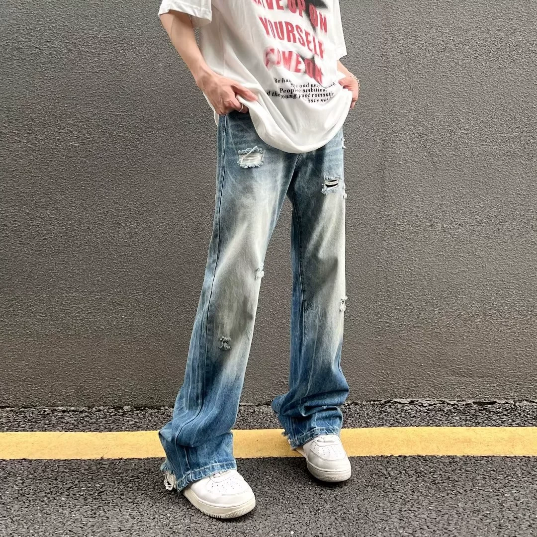 美式高街水洗做旧破洞牛仔裤男嘻哈微喇宽松直筒裤潮