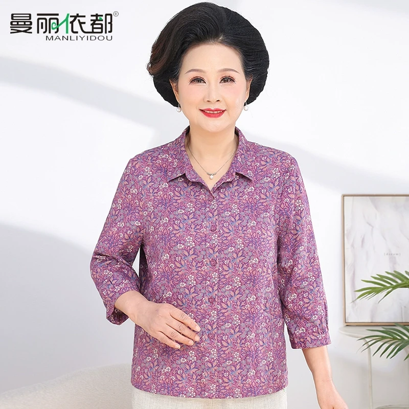 老太太夏装洋气印花薄款衬衫中老年女奶奶装纯棉中袖衬衣妈妈衣服